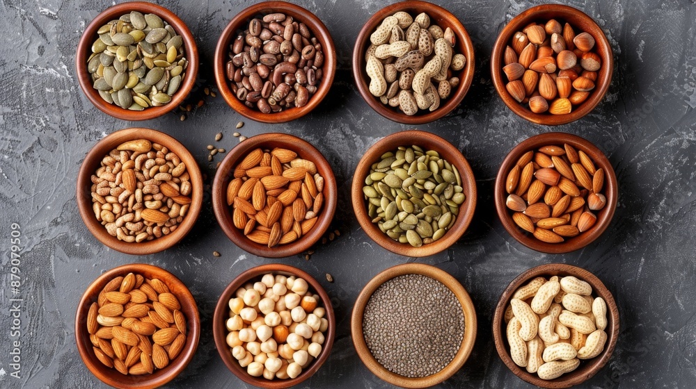Assortment of Nuts and Seeds in Wooden Bowls. Assortment of Nuts and Seeds in Wooden Bowls.