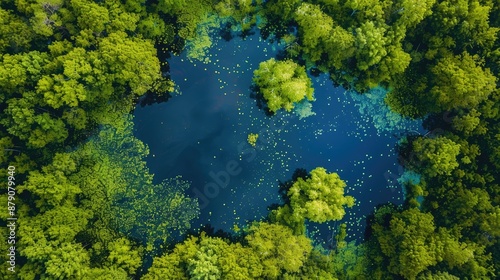Aerial View of a Secluded Pond Surrounded by Lush Green Trees