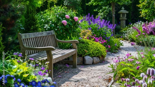 Wooden Bench in a Colorful Garden.