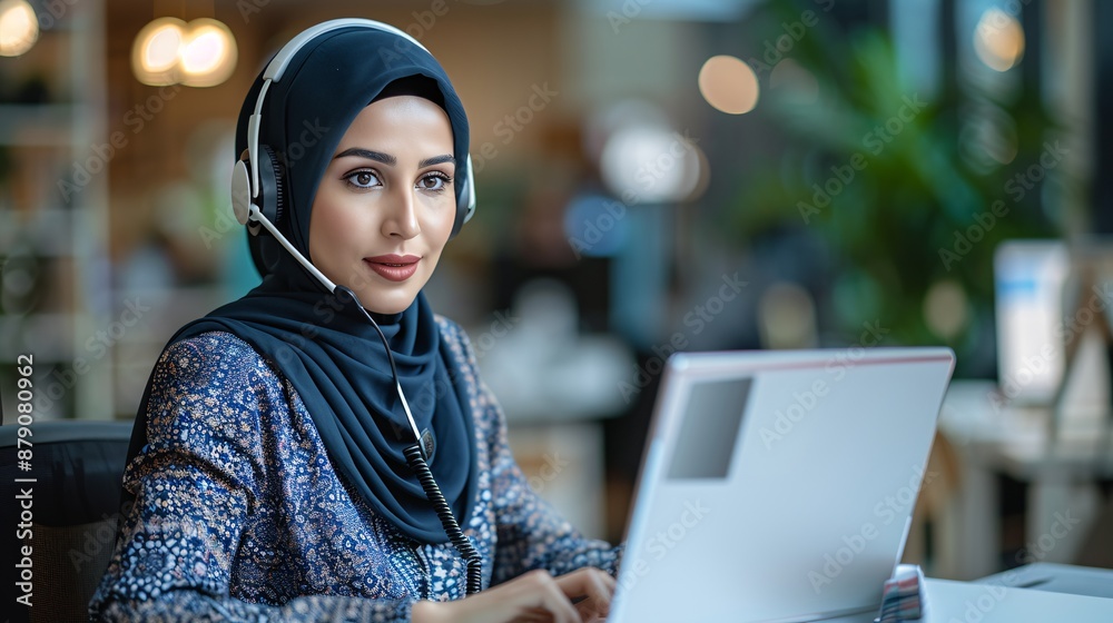 Professional mid-aged hijab woman, clean call center setting, wearing a headset, navigating a laptop during a phone conversation, still life photo. Professional mid-aged hijab woman, clean call center setting, wearing a headset, navigating a laptop during a phone conversation, still life photo.