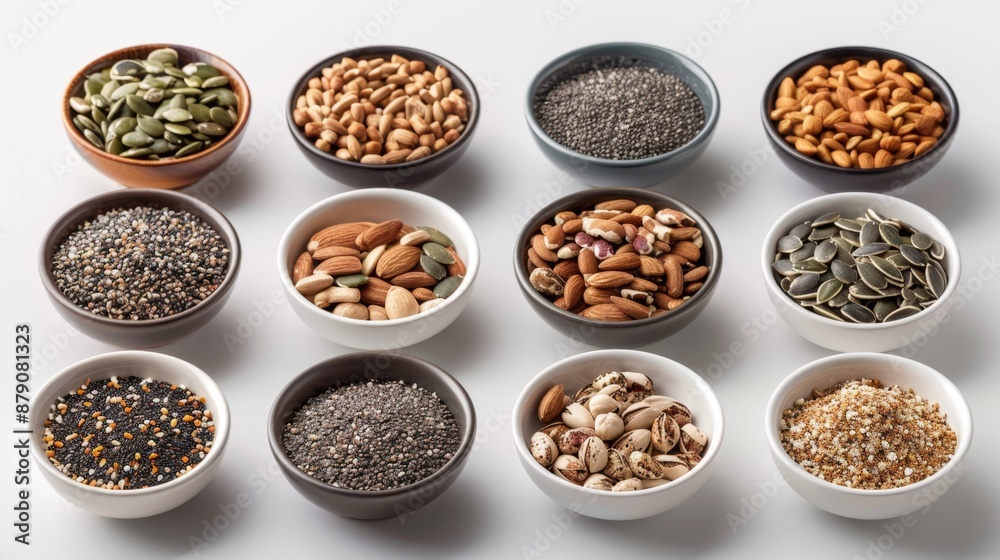 Assortment of Seeds and Nuts in Bowls. Assortment of Seeds and Nuts in Bowls.