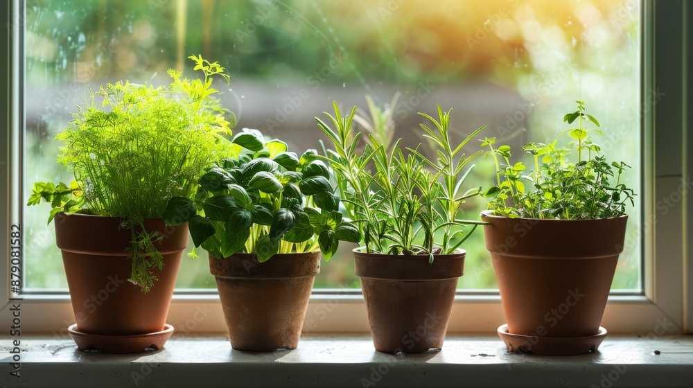 Potted Herbs on Window Sill. Potted Herbs on Window Sill.