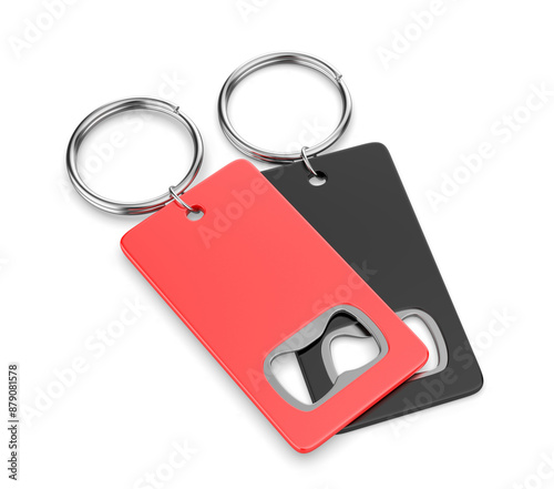Rectangular shaped opener key ring blank template 3d illustration.