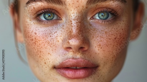 A close-up portrait of a young woman, with freckles and blue eyes.