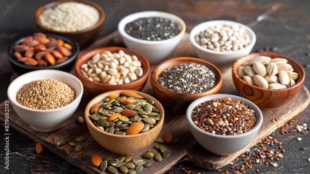 Assortment of Seeds and Nuts in Bowls. Assortment of Seeds and Nuts in Bowls.