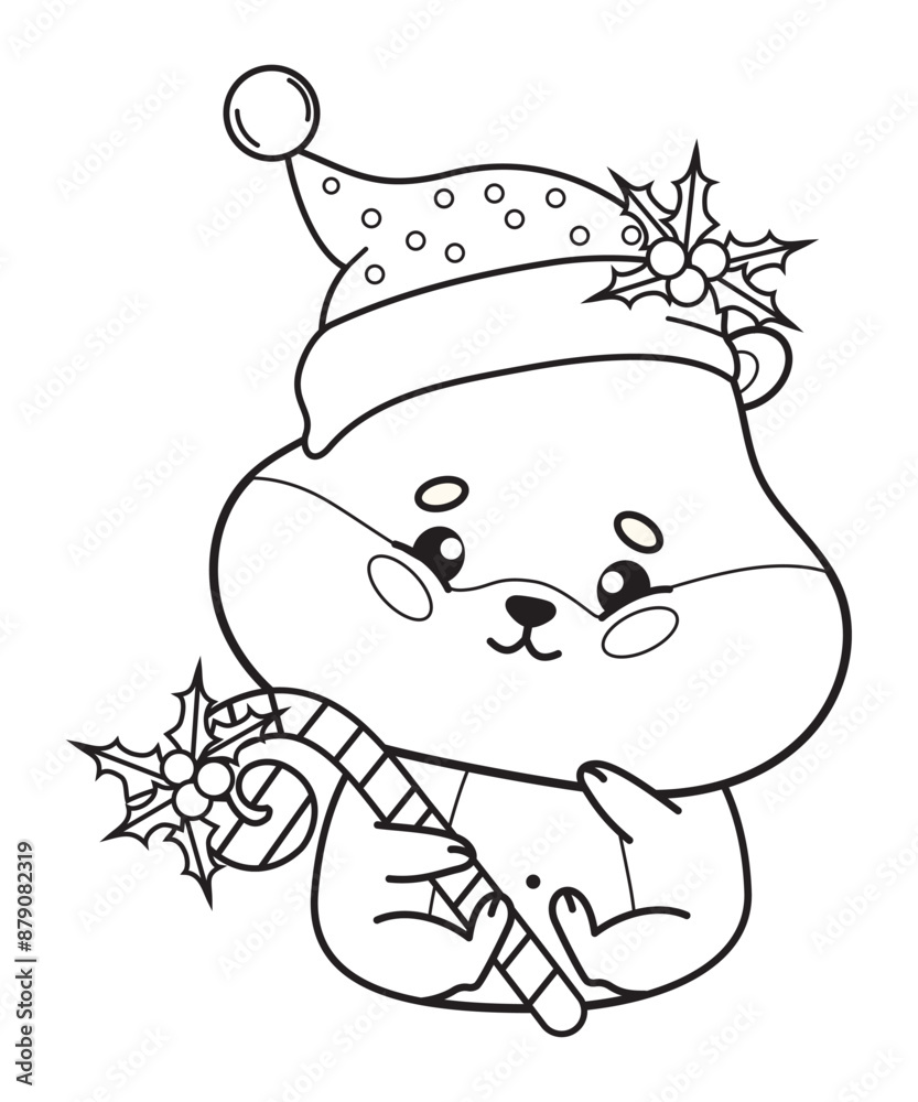 Obraz premium Cute Christmas hamster in Santa hat with striped candy cane with holly. Outline holiday cartoon kawaii character animal. Line drawing, coloring book. Vector illustration. Kids collection