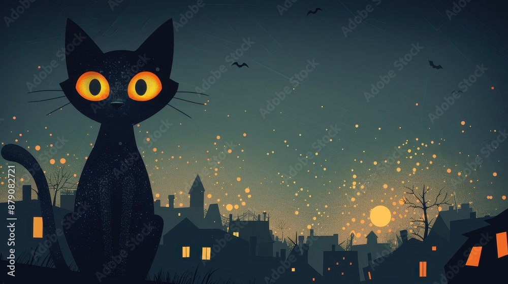 A black cat with glowing eyes is staring at the camera in a dark cityscape A black cat with glowing eyes is staring at the camera in a dark cityscape