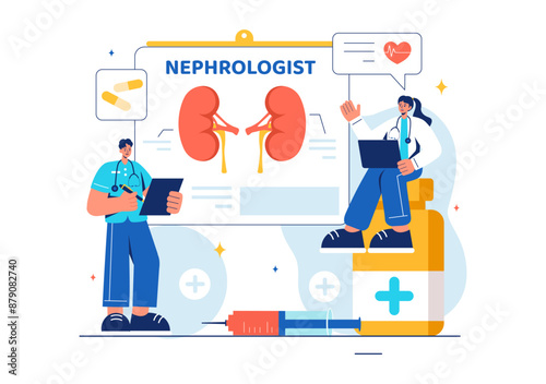 Nephrologist Vector Illustration featuring a Cardiologist, Proctologist, and Kidney Treatment on a Flat Style Cartoon Healthcare Background
