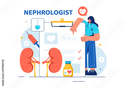 Nephrologist Vector Illustration featuring a Cardiologist, Proctologist, and Kidney Treatment on a Flat Style Cartoon Healthcare Background