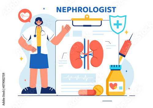 Nephrologist Vector Illustration featuring a Cardiologist, Proctologist, and Kidney Treatment on a Flat Style Cartoon Healthcare Background