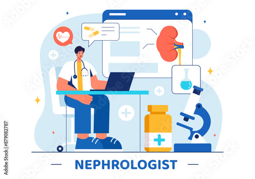 Nephrologist Vector Illustration featuring a Cardiologist, Proctologist, and Kidney Treatment on a Flat Style Cartoon Healthcare Background