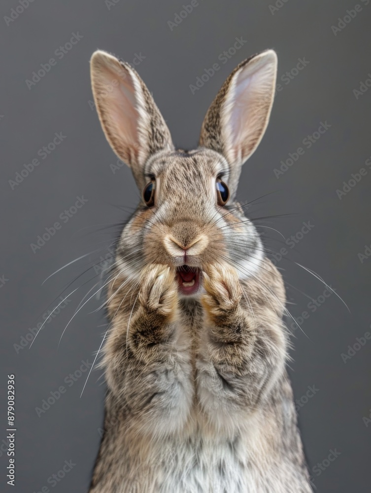 Obraz premium A very surprised and shocked rabbit with its mouth open and paws touching its head. Funny inspired animal