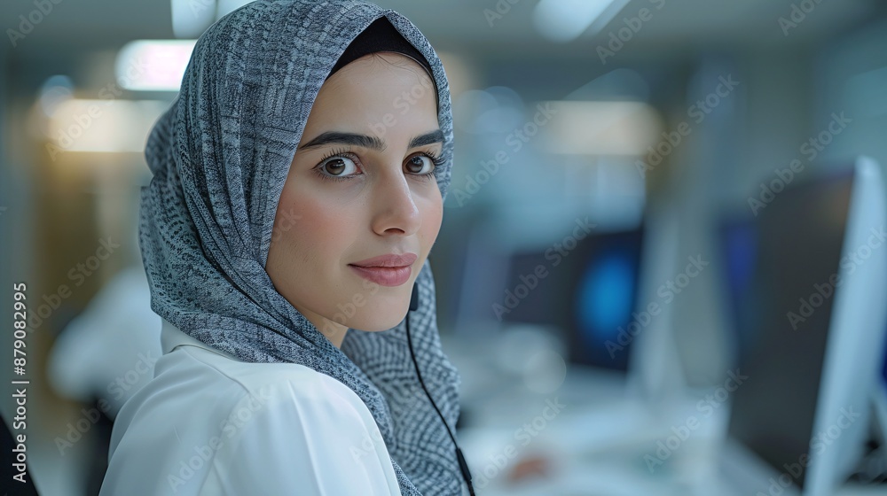 Professional mid-aged hijab woman, clean call center setting, updating product information in a database, side view, still life photo. Professional mid-aged hijab woman, clean call center setting, updating product information in a database, side view, still life photo.