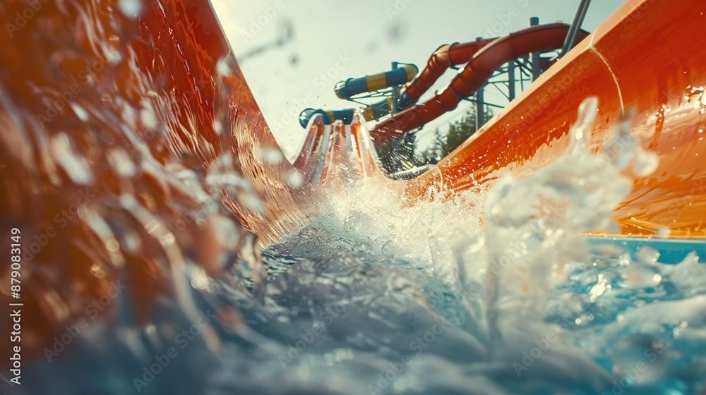 Fototapeta premium An exhilarating ride down a winding water slide at a bustling water park, with splashes of water and excited screams adding to the atmosphere of summertime fun.