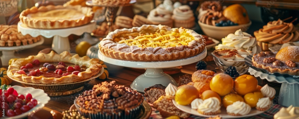 A delicious assortment of homemade pies, tarts, and baked pastries displayed on a table, perfect for a cozy gathering or festive celebration. A delicious assortment of homemade pies, tarts, and baked pastries displayed on a table, perfect for a cozy gathering or festive celebration.