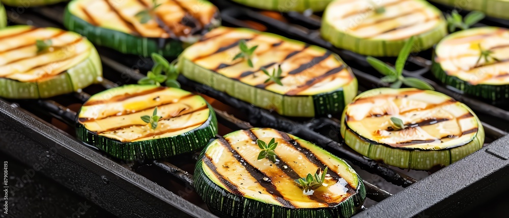 Grilled zucchini slices with olive oil and herbs, Smoky, Photography, Closeup of charred and tender vegetables Grilled zucchini slices with olive oil and herbs, Smoky, Photography, Closeup of charred and tender vegetables