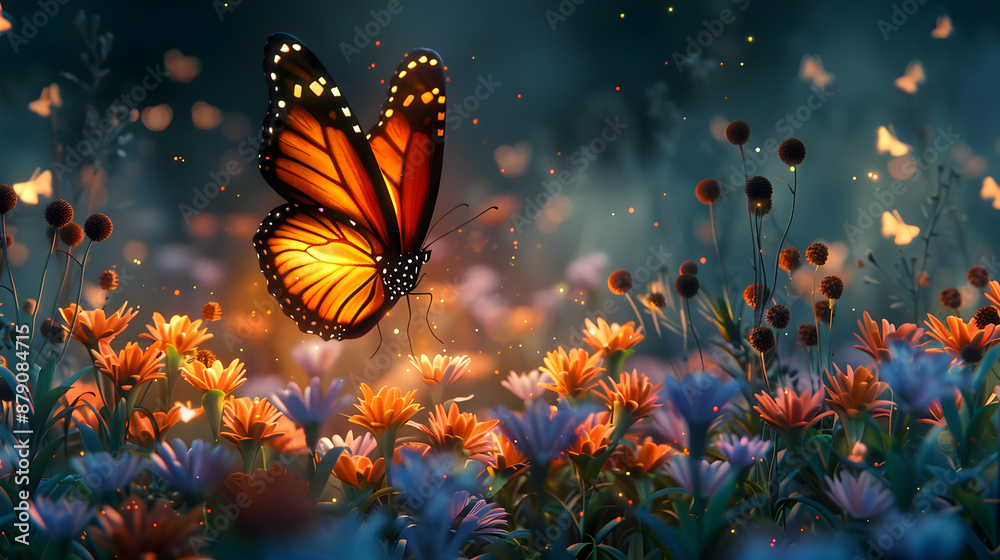 Glowing Butterfly in a Field of Flowers - Digital Illustration Glowing Butterfly in a Field of Flowers - Digital Illustration