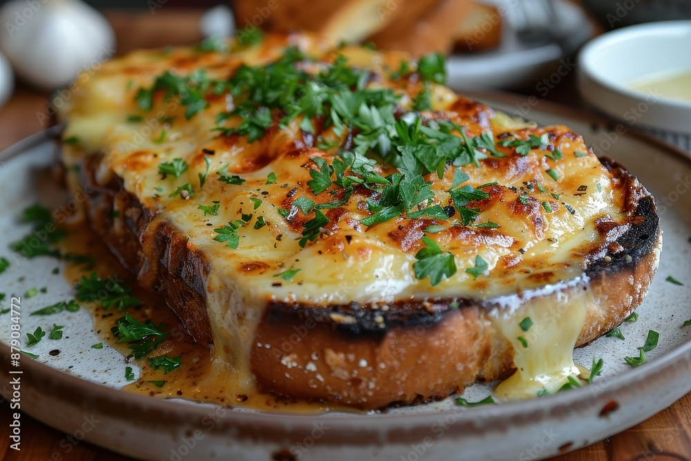 A plate of Welsh rarebit, melted cheese on toast with a savory sauce, garnished with fresh parsley. A plate of Welsh rarebit, melted cheese on toast with a savory sauce, garnished with fresh parsley.