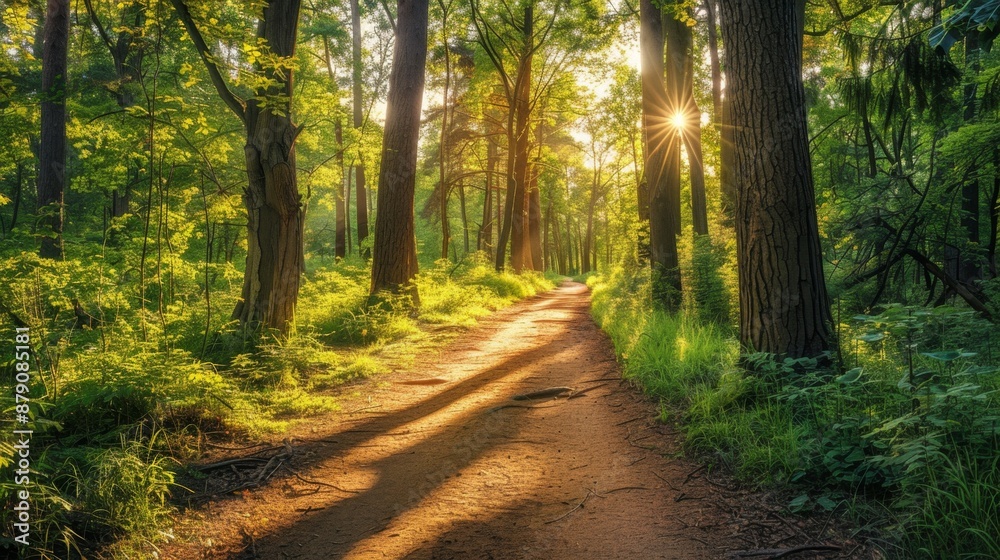 Obraz premium Sunbeams Through Trees on Forest Path.