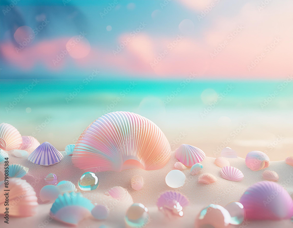 Close-up of soft pastel colored beach with seashells and starfish Close-up of soft pastel colored beach with seashells and starfish