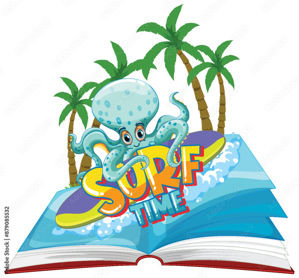Ταπετσαρία Octopus surfing on a book with palm trees