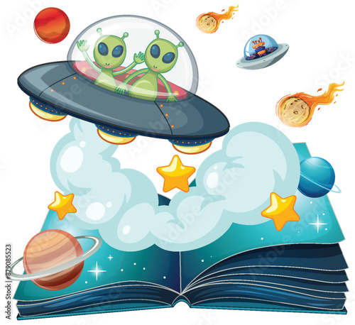 Aliens in a spaceship above an open book
