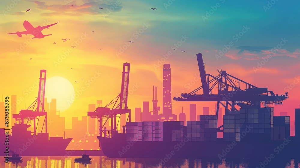 Sunset view of a busy harbor with cranes, container ships, and an airplane in the sky against a city skyline. Sunset view of a busy harbor with cranes, container ships, and an airplane in the sky against a city skyline.