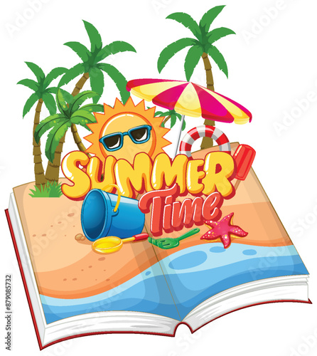 Open book with beach scene illustration