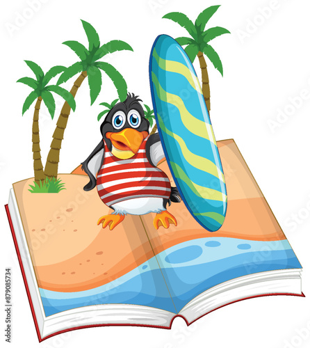 Penguin with surfboard on beach-themed book