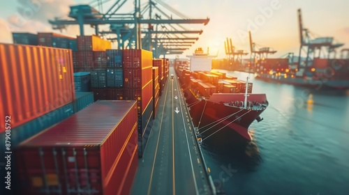 Sunset view of a bustling shipping port with colorful cargo containers and large ships docked at the harbor. photo
