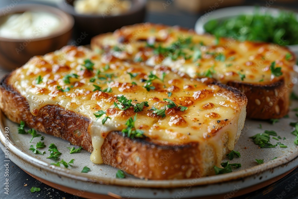 A plate of Welsh rarebit, melted cheese on toast with a savory sauce, garnished with fresh parsley. A plate of Welsh rarebit, melted cheese on toast with a savory sauce, garnished with fresh parsley.