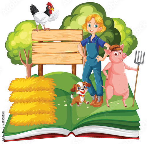 Farmer with animals on an open book