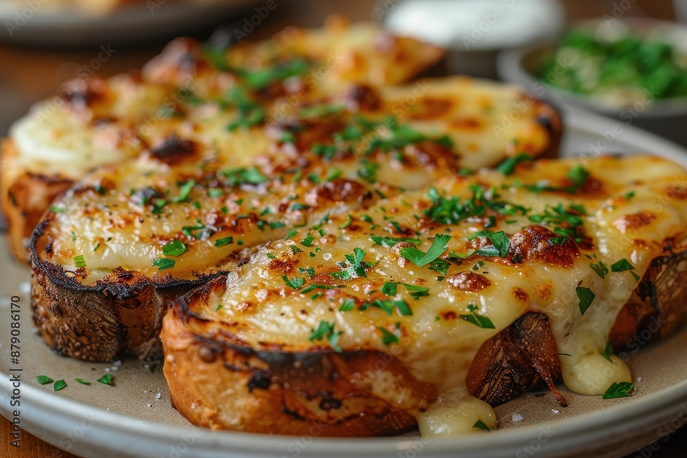 A plate of Welsh rarebit, melted cheese on toast with a savory sauce, garnished with fresh parsley. A plate of Welsh rarebit, melted cheese on toast with a savory sauce, garnished with fresh parsley.