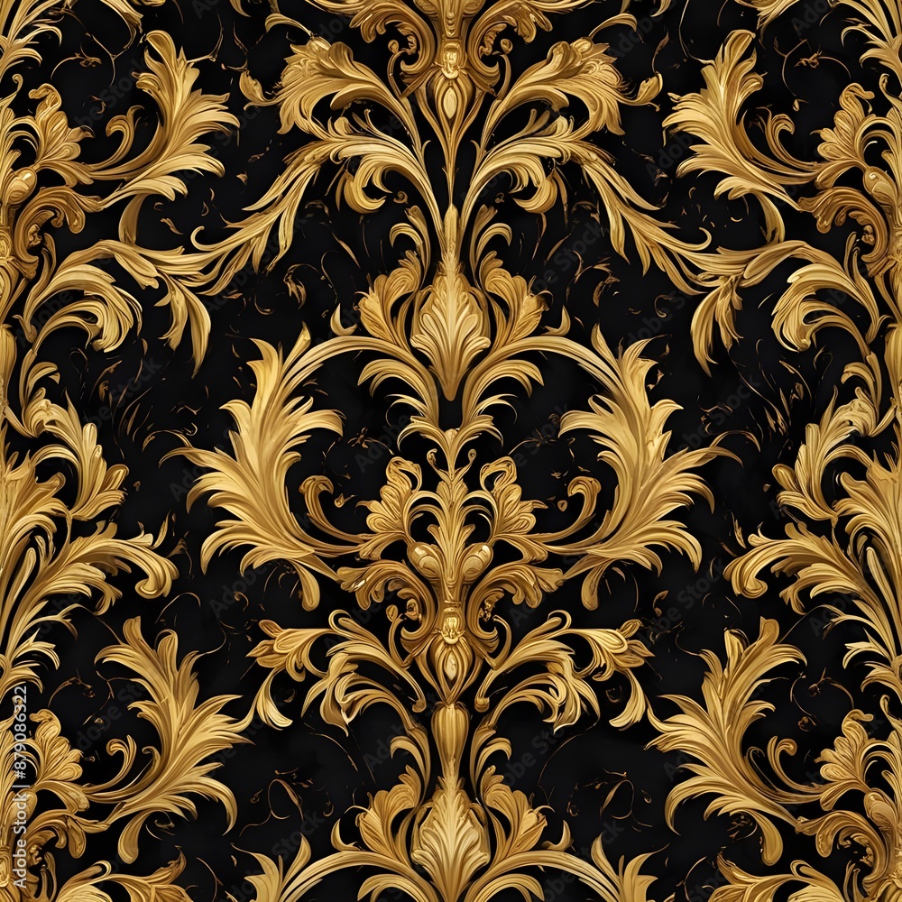 Damask seamless pattern for the luxury wallpaper market golden elements on a black background Generative AI Damask seamless pattern for the luxury wallpaper market golden elements on a black background Generative AI