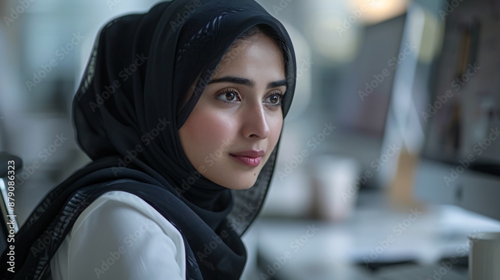Professional mid-aged hijab woman, clean call center setting, browsing product catalog on a computer, side view, still life photo. Professional mid-aged hijab woman, clean call center setting, browsing product catalog on a computer, side view, still life photo.