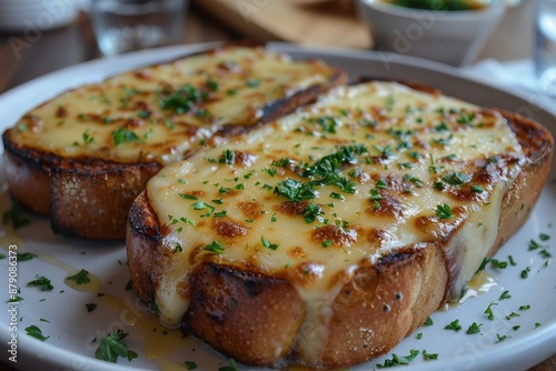 A plate of Welsh rarebit, melted cheese on toast with a savory sauce, garnished with fresh parsley. 