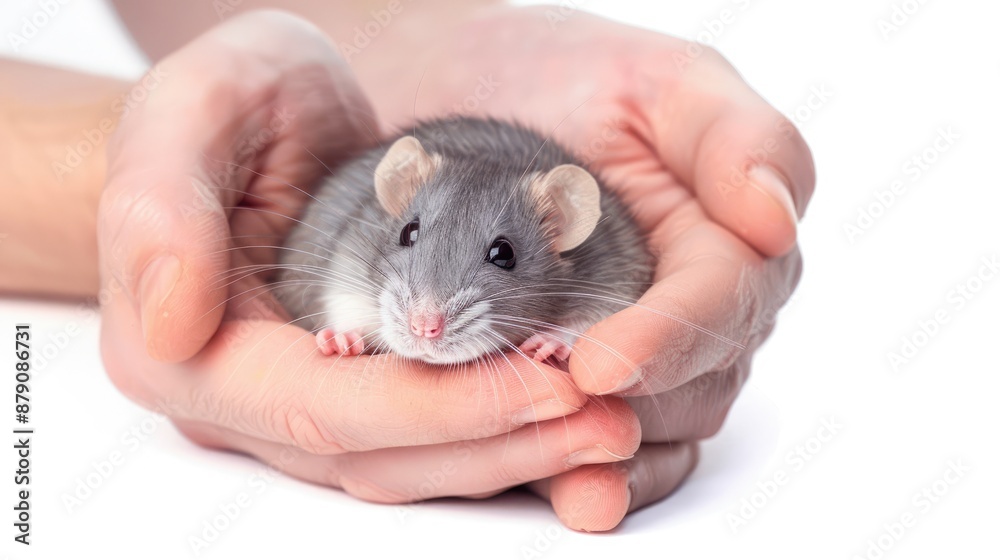 A Close-Up Portrait of a Grey Rat Held Gently in Hands A Close-Up Portrait of a Grey Rat Held Gently in Hands