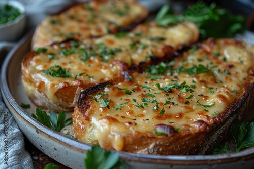 A plate of Welsh rarebit, melted cheese on toast with a savory sauce, garnished with fresh parsley. 