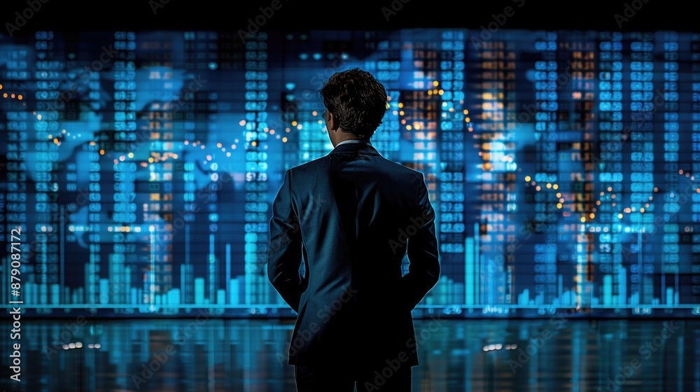 Financial Growth: A businessperson analyzing a large upward-trending graph on a digital screen, representing financial growth, investment success, and economic prosperity. Financial Growth: A businessperson analyzing a large upward-trending graph on a digital screen, representing financial growth, investment success, and economic prosperity.