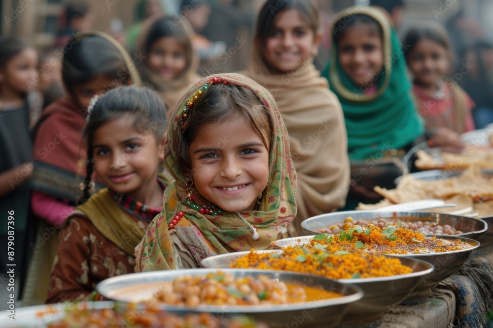 Fototapeta premium Several children are smiling while sitting at a table full of food, Food background