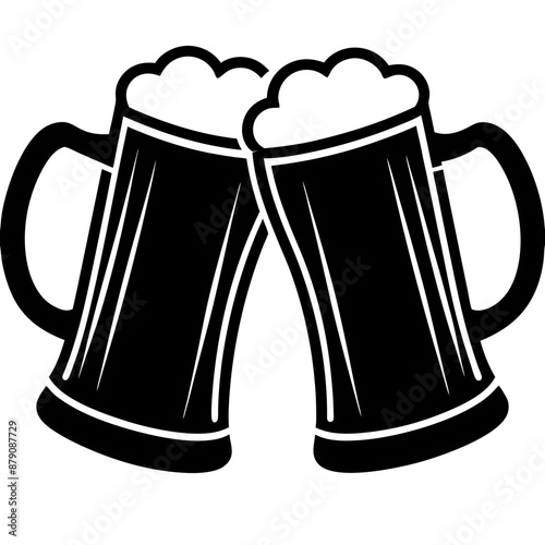 Beer mug silhouette, Two clinking beer mugs icon vector illustration

