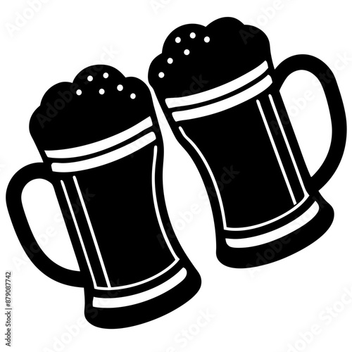 Beer mug silhouette, Two clinking beer mugs icon vector illustration

