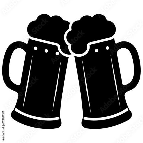 Beer mug silhouette, Two clinking beer mugs icon vector illustration

