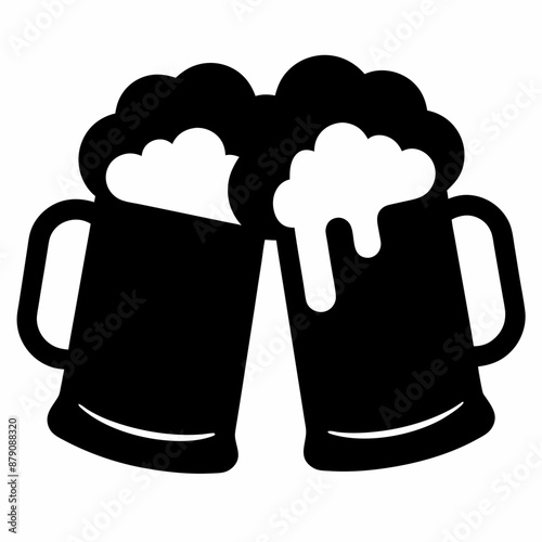 Beer mug silhouette, Two clinking beer mugs icon vector illustration

