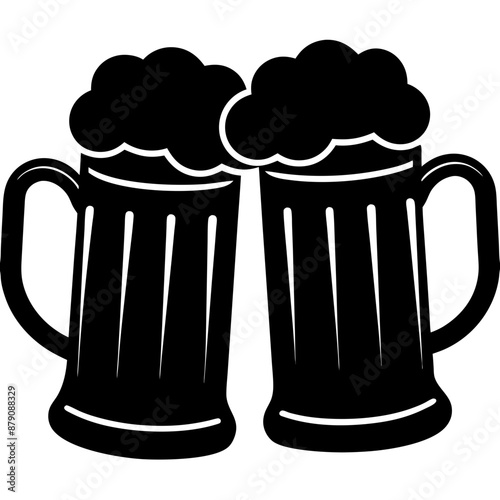 Beer mug silhouette, Two clinking beer mugs icon vector illustration

