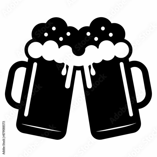 Beer mug silhouette, Two clinking beer mugs icon vector illustration

