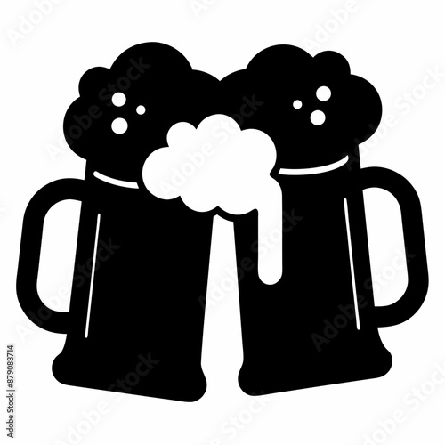 Beer mug silhouette, Two clinking beer mugs icon vector illustration

