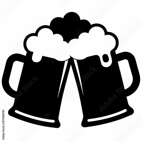 Beer mug silhouette, Two clinking beer mugs icon vector illustration

