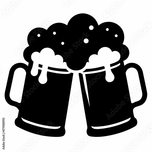 Beer mug silhouette, Two clinking beer mugs icon vector illustration


