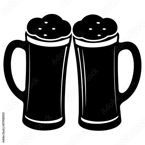 Beer mug silhouette, Two clinking beer mugs icon vector illustration

